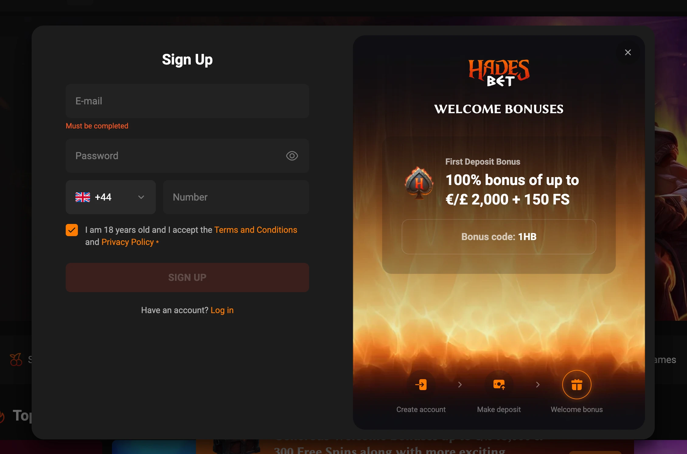 HadesBet registration